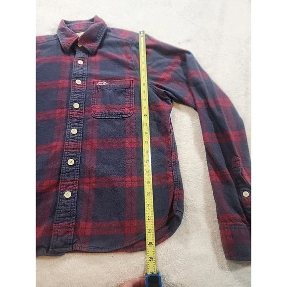 Hollister Mens Flannel Button Shirt Size L Large Red Blue‎ Plaid Long Sleeve - Picture 4 of 7